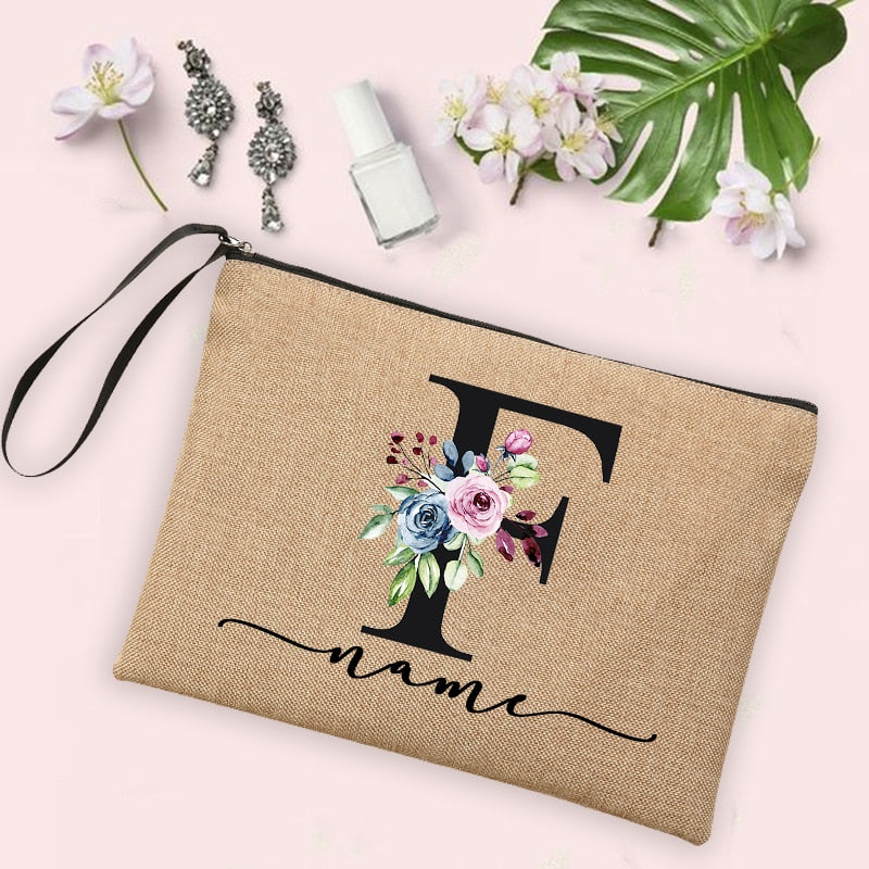 Womens Flower Initial Letter Custom Name Cosmetic Zipper Pouch Travel Toiletry  Bag