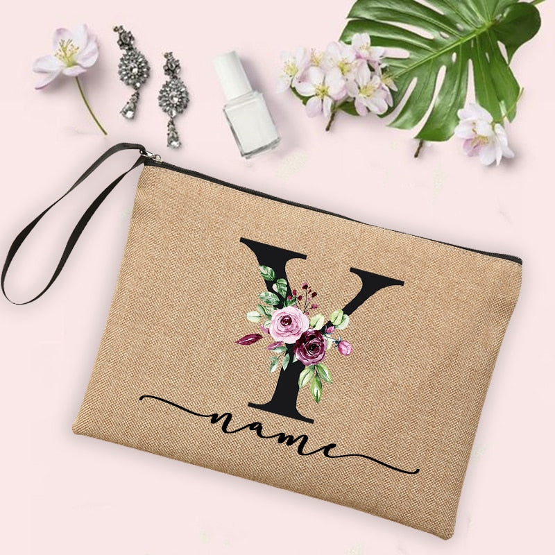 Womens Flower Initial Letter Custom Name Cosmetic Zipper Pouch Travel Toiletry  Bag