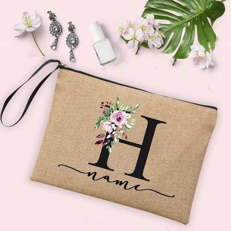 Womens Flower Initial Letter Custom Name Cosmetic Zipper Pouch Travel Toiletry  Bag