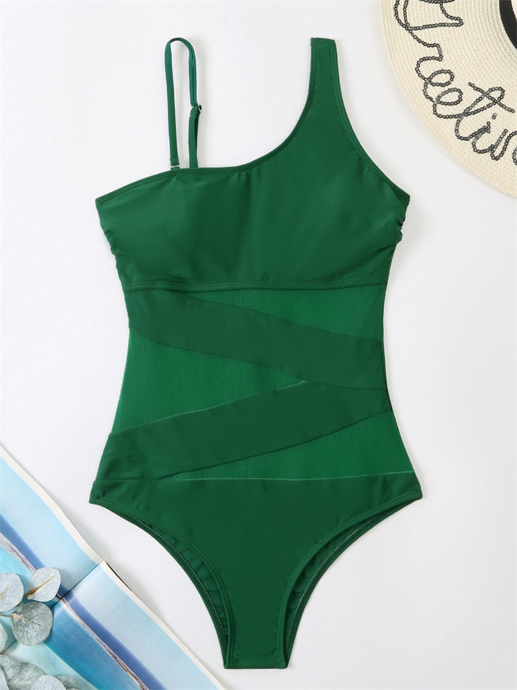 Womens One Piece Sexy Mesh Solid Monokini Swimsuit