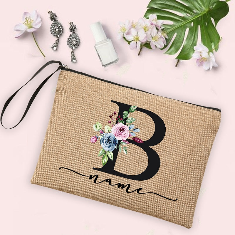 Womens Flower Initial Letter Custom Name Cosmetic Zipper Pouch Travel Toiletry  Bag