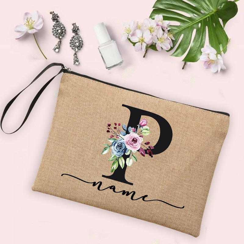 Womens Flower Initial Letter Custom Name Cosmetic Zipper Pouch Travel Toiletry  Bag