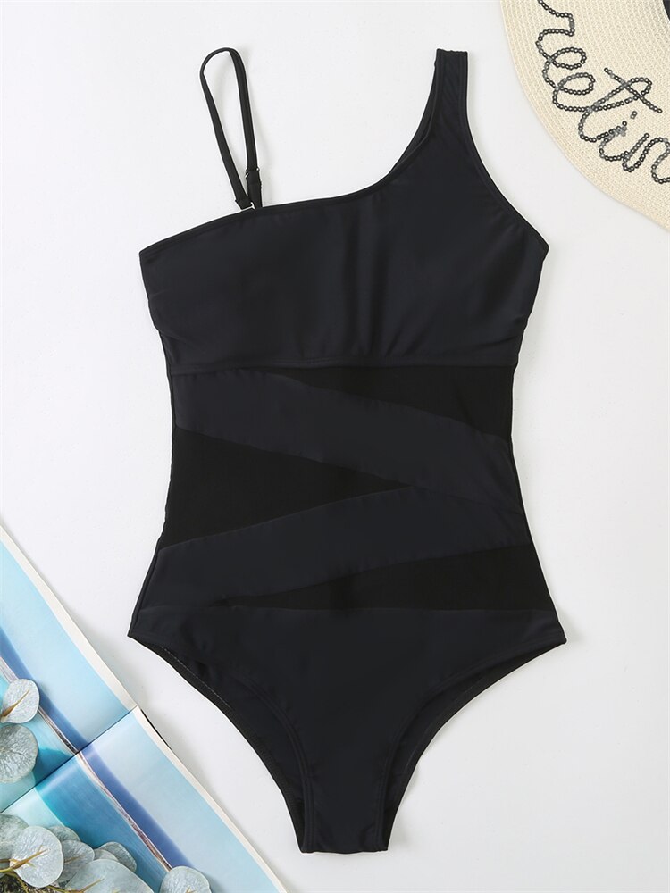 Womens One Piece Sexy Mesh Solid Monokini Swimsuit