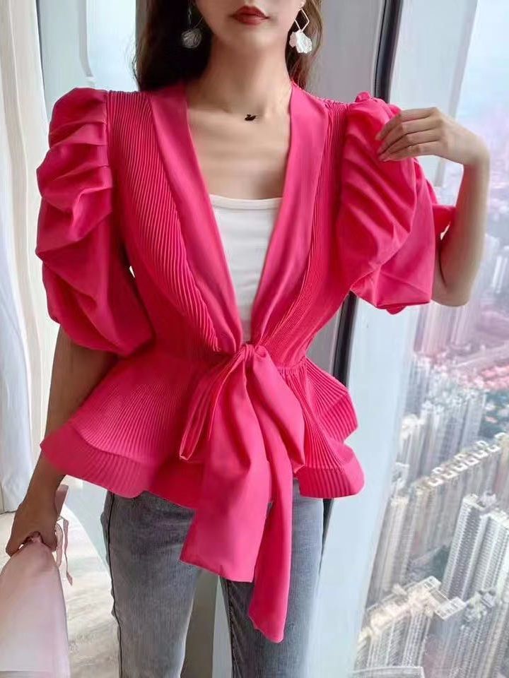 Ruffle Lace Up Bowknot Shirt For Women V Neck Puff Sleeve High Waisted Blouse