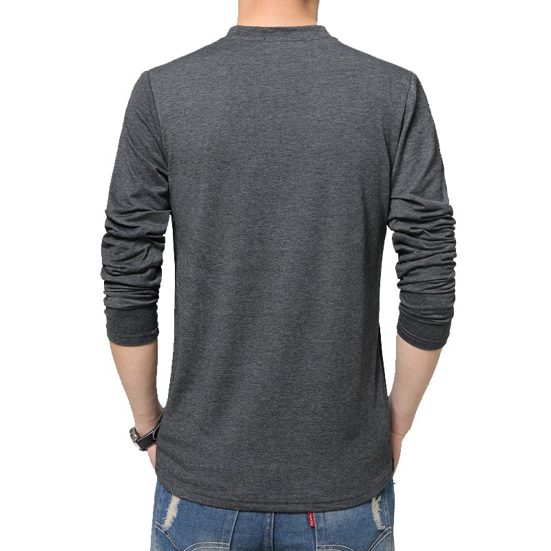 Mens Long Sleeve V Neck Patchwork Casual Cotton T Shirt