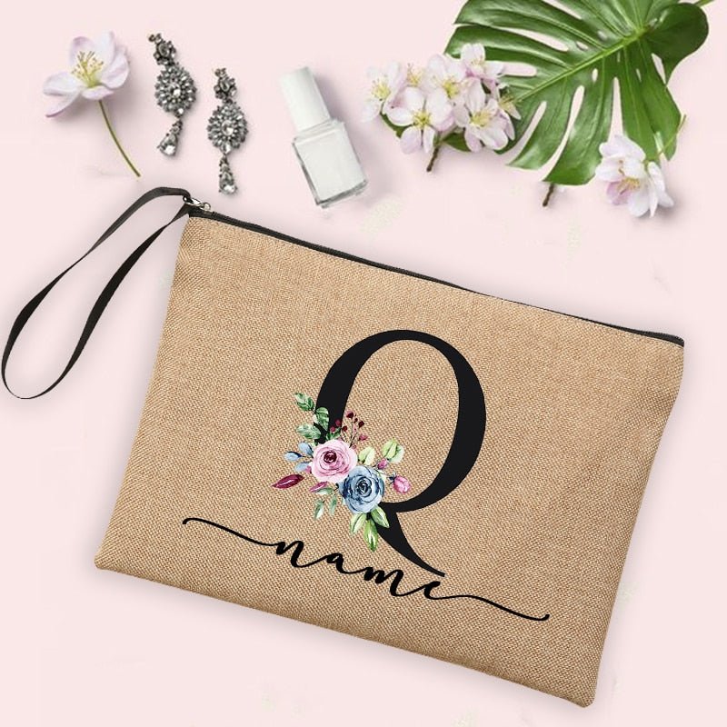 Womens Flower Initial Letter Custom Name Cosmetic Zipper Pouch Travel Toiletry  Bag