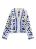 Womens Cotton Vintage Cardigan Embroidered Shirt