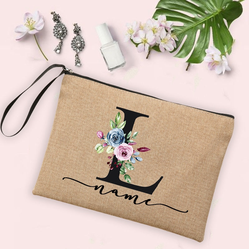 Womens Flower Initial Letter Custom Name Cosmetic Zipper Pouch Travel Toiletry  Bag