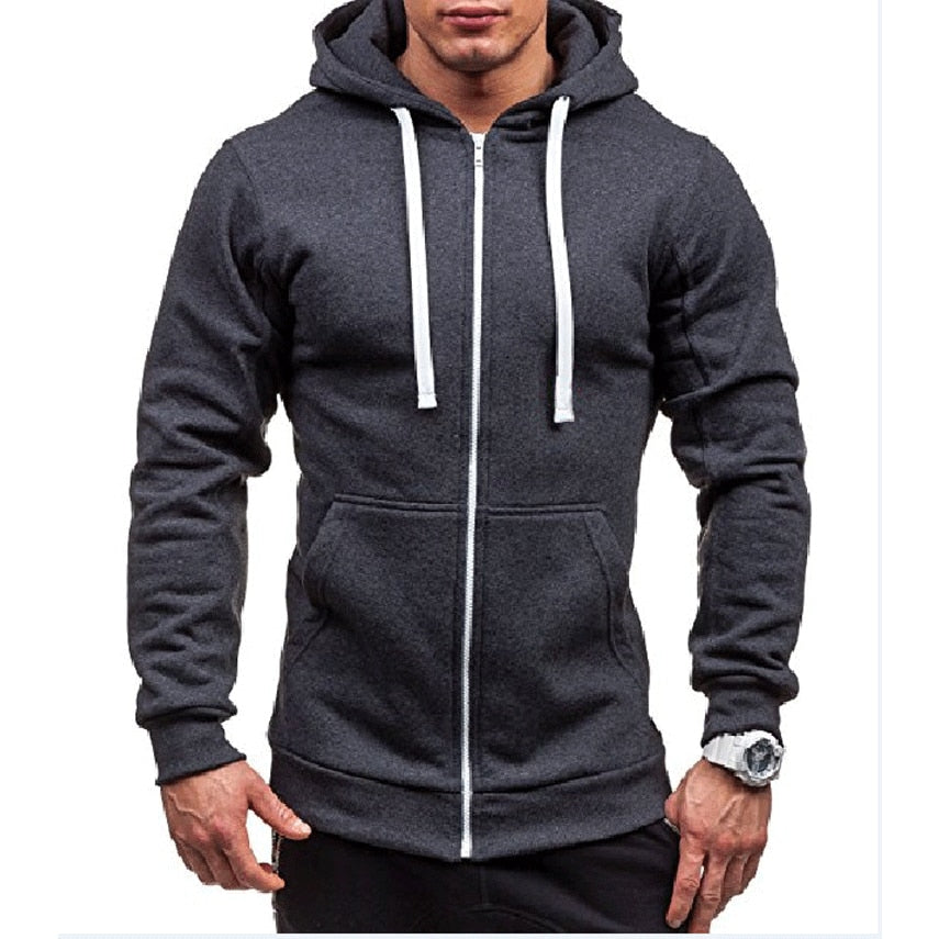 Mens Zipper Hooded Solid Colour Sweatshirt