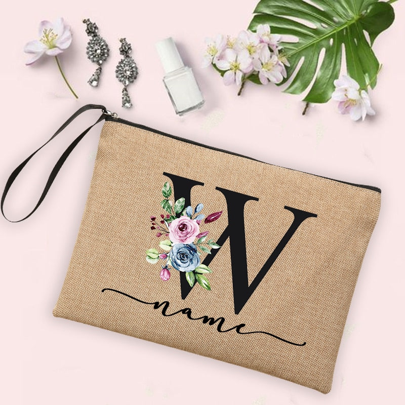 Womens Flower Initial Letter Custom Name Cosmetic Zipper Pouch Travel Toiletry  Bag