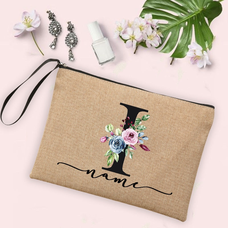 Womens Flower Initial Letter Custom Name Cosmetic Zipper Pouch Travel Toiletry  Bag