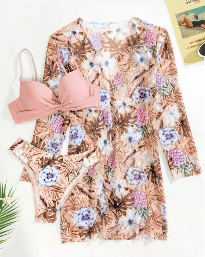 Womens Floral Twist Low Waist Bikini Cover Up Three Piece Swimwear Set