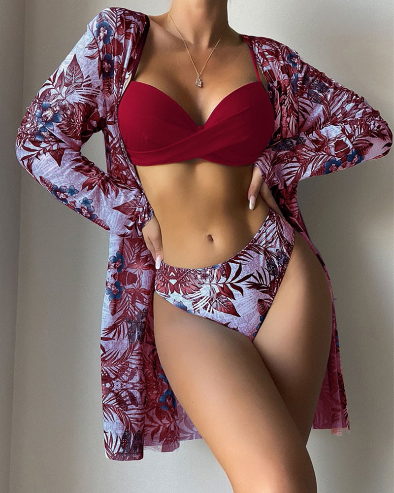 Womens Floral Twist Low Waist Bikini Cover Up Three Piece Swimwear Set