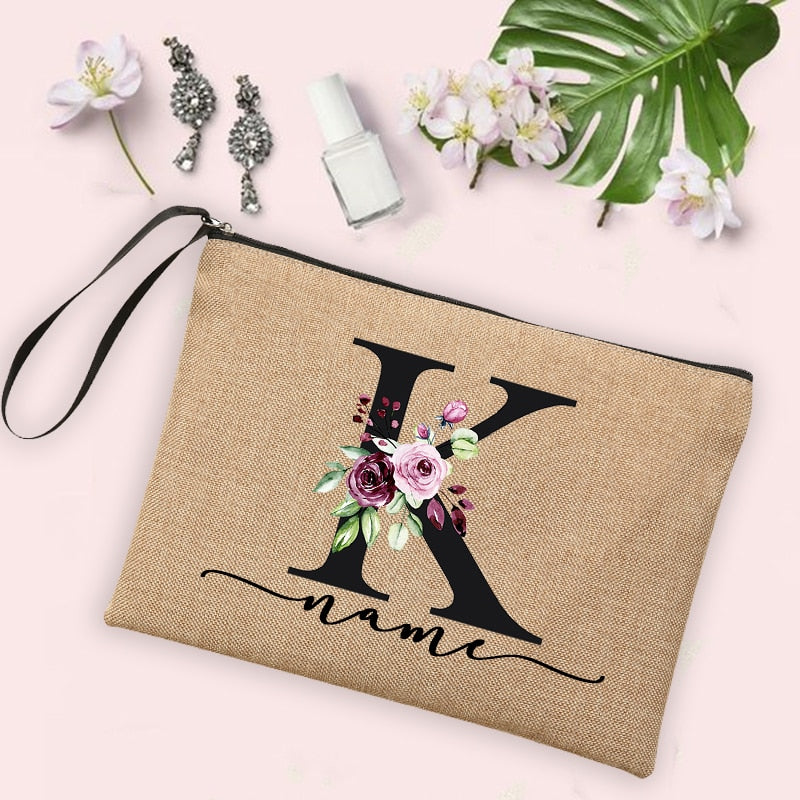 Womens Flower Initial Letter Custom Name Cosmetic Zipper Pouch Travel Toiletry  Bag