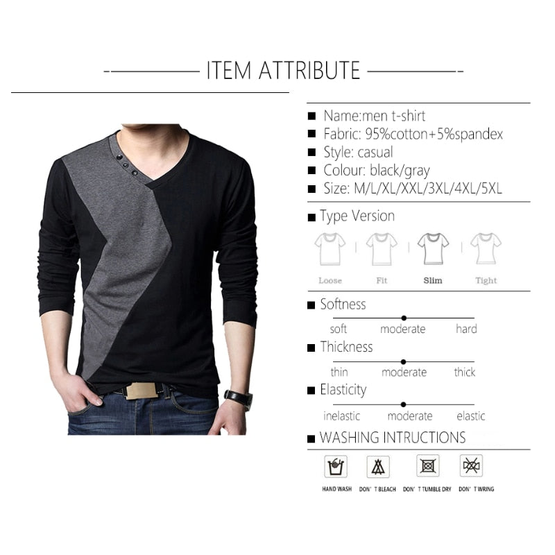 Mens Long Sleeve V Neck Patchwork Casual Cotton T Shirt