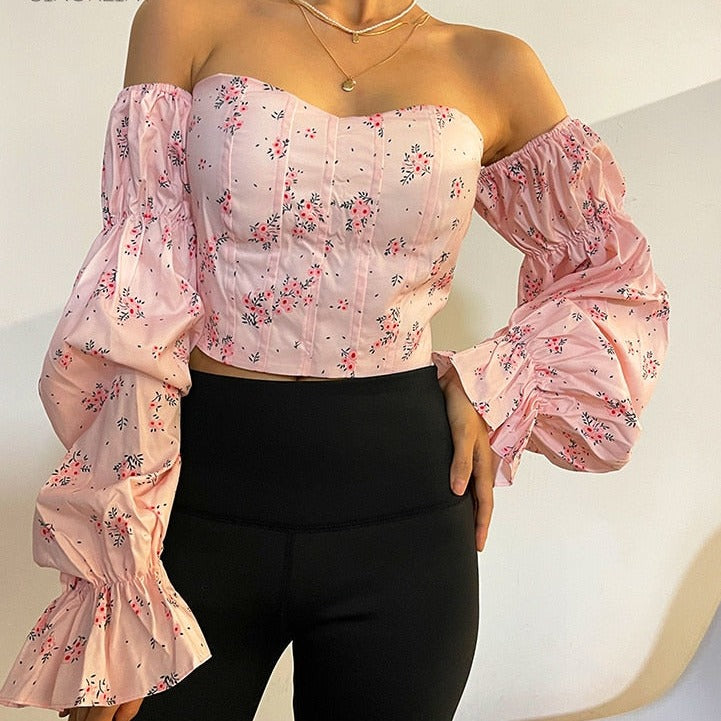 Womens Strapless Floral Elastic Ruched Slim Long Sleeve Off Shoulder Top