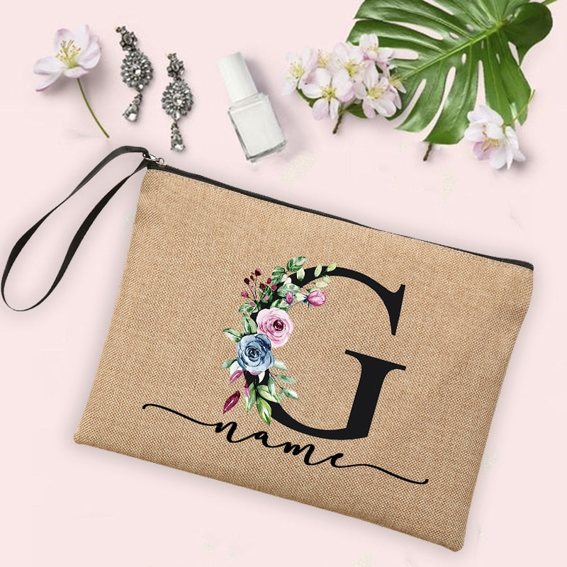 Womens Flower Initial Letter Custom Name Cosmetic Zipper Pouch Travel Toiletry  Bag