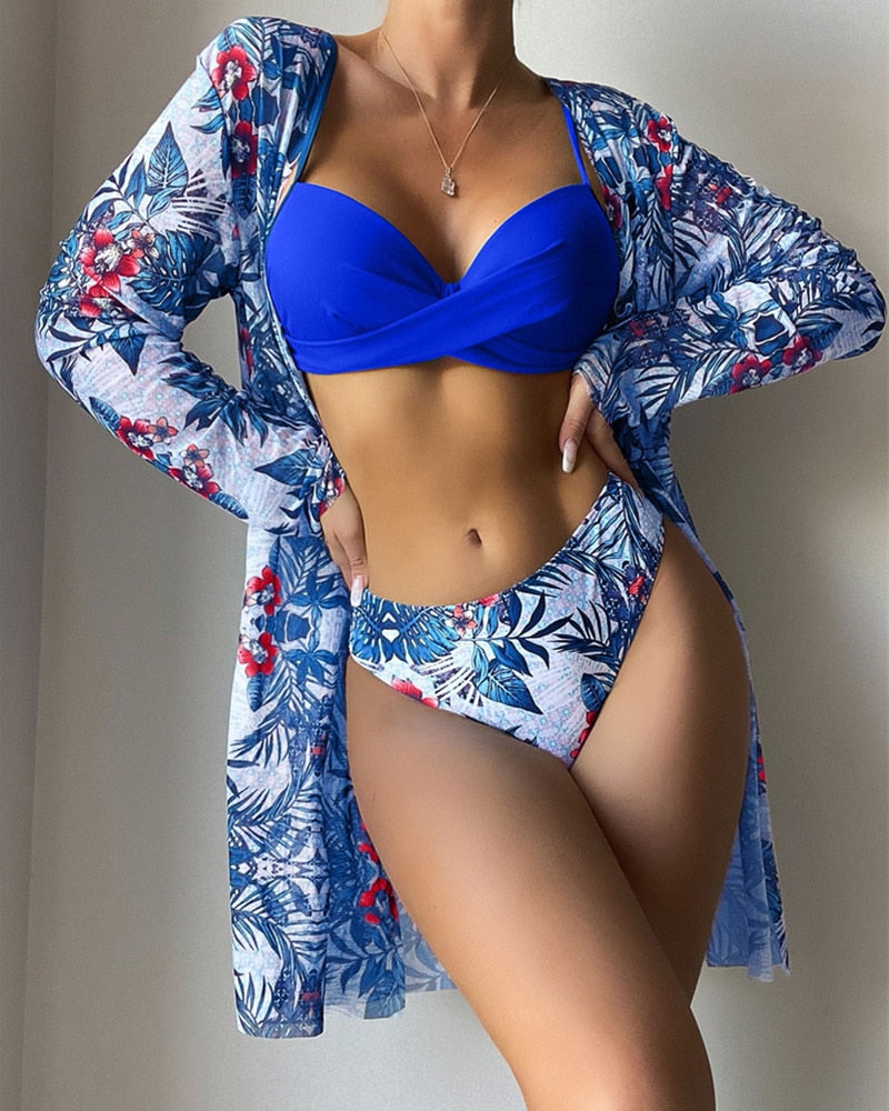 Womens Floral Twist Low Waist Bikini Cover Up Three Piece Swimwear Set