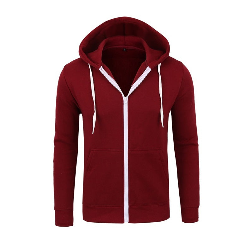 Mens Zipper Hooded Solid Colour Sweatshirt