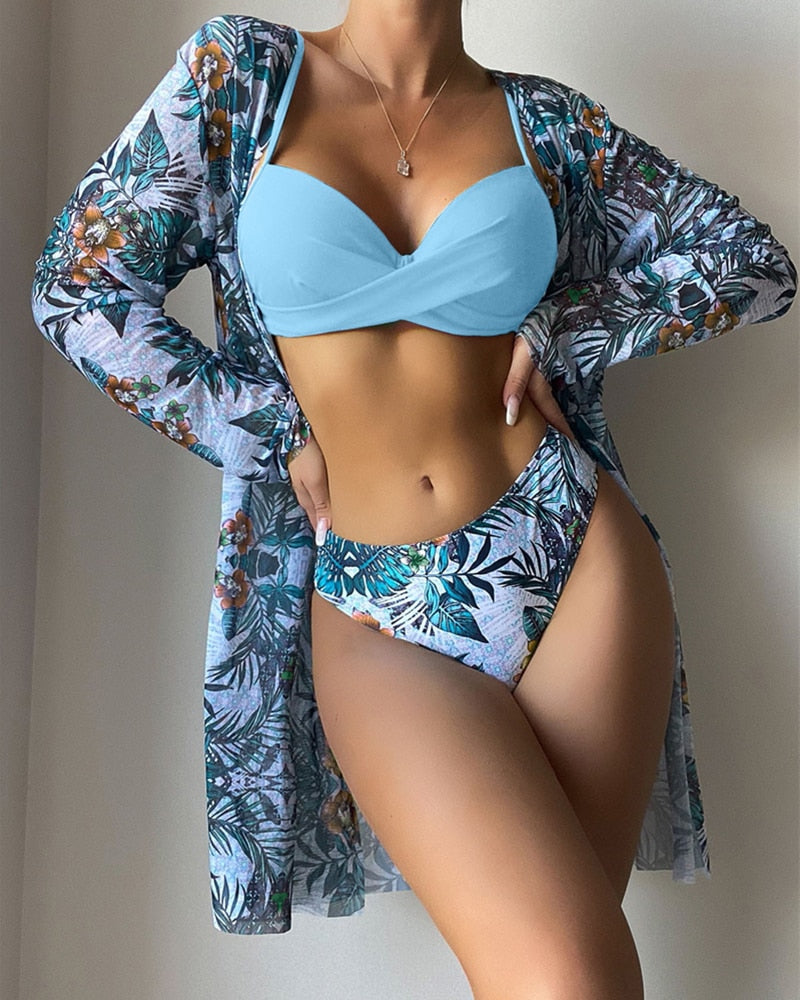 Womens Floral Twist Low Waist Bikini Cover Up Three Piece Swimwear Set