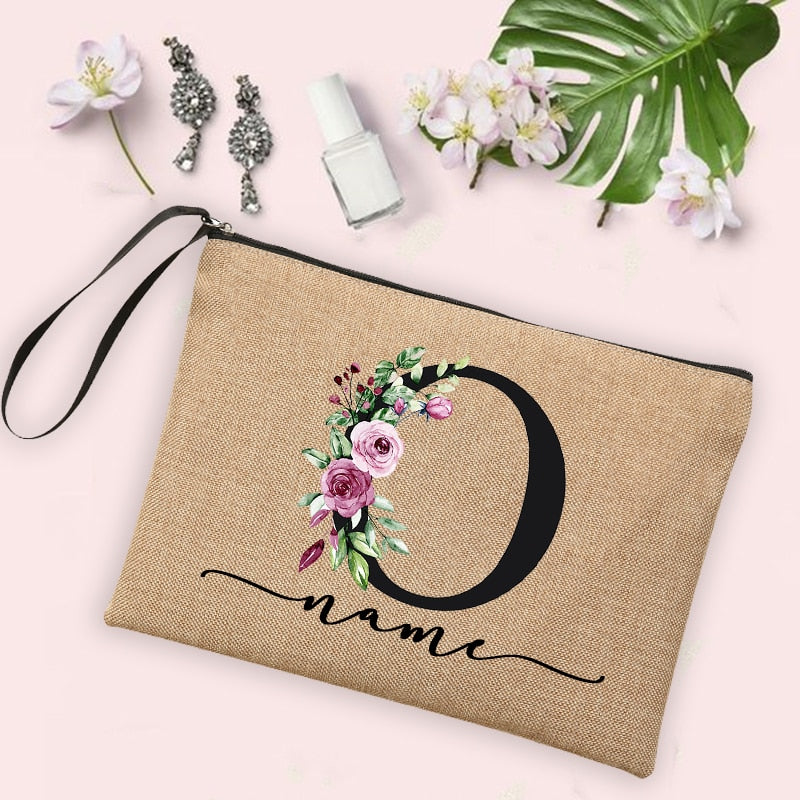 Womens Flower Initial Letter Custom Name Cosmetic Zipper Pouch Travel Toiletry  Bag