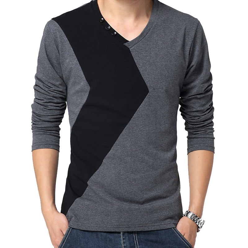 Mens Long Sleeve V Neck Patchwork Casual Cotton T Shirt