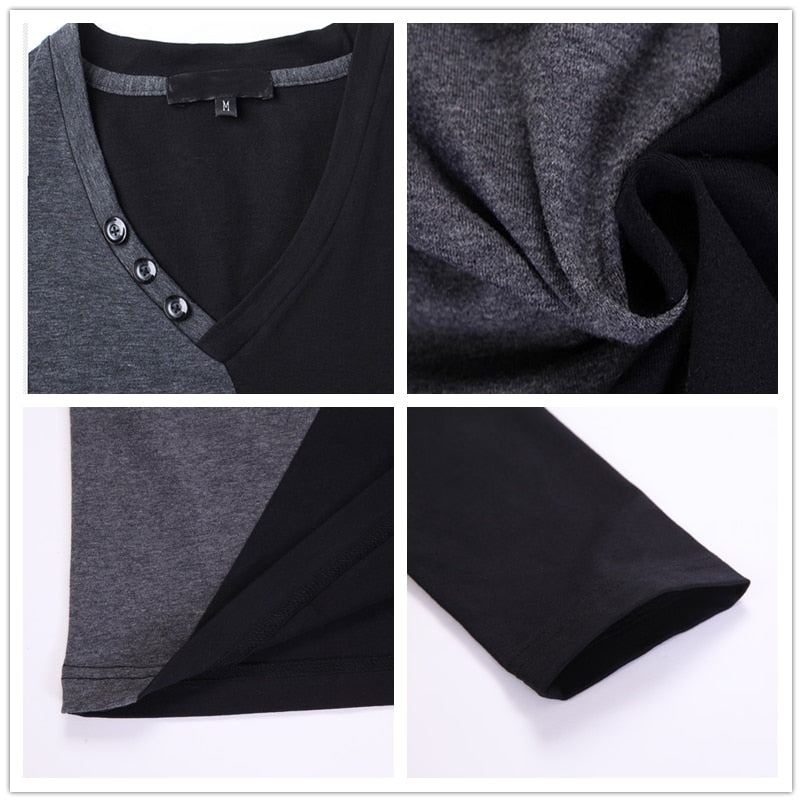 Mens Long Sleeve V Neck Patchwork Casual Cotton T Shirt