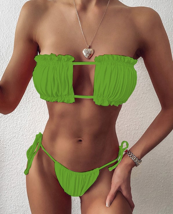 Womens Sexy Pleated Bandeau Mini Thong Bikini Set