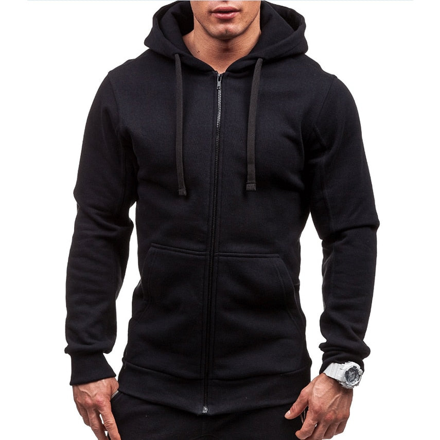 Mens Zipper Hooded Solid Colour Sweatshirt