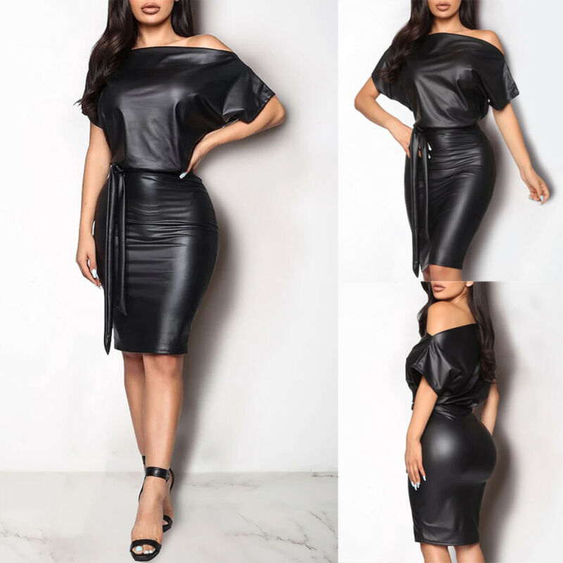 Womens Sexy PU Leather Elegant Midi Off shoulder Dress