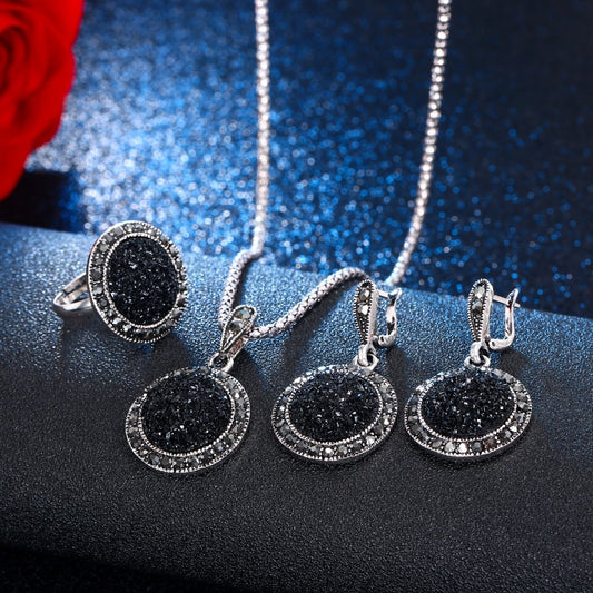 Vintage Crystal Round Charm Necklace Earrings Set