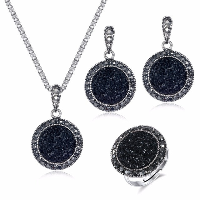 Vintage Crystal Round Charm Necklace Earrings Set