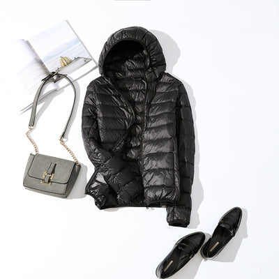 Womens Ultra-light Slim Short Hooded Warm White Duck Down Jacket