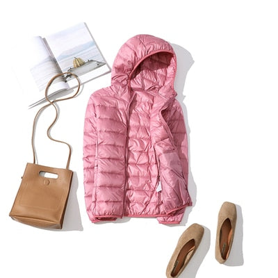 Womens Ultra-light Slim Short Hooded Warm White Duck Down Jacket