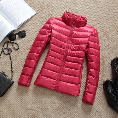 Womens Ultra-light Slim Short Hooded Warm White Duck Down Jacket