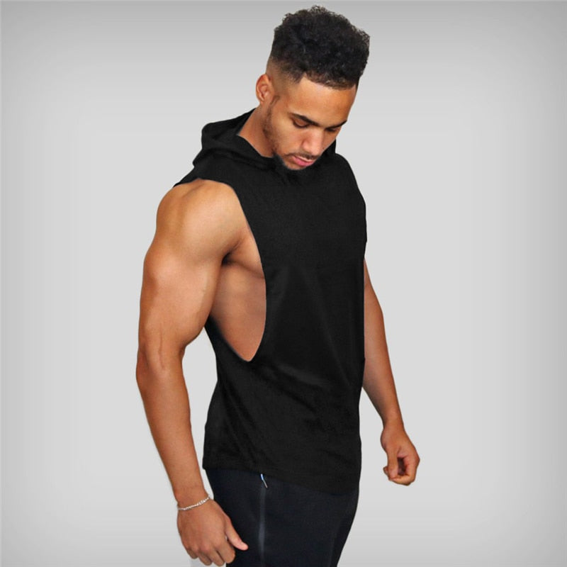 Mens Cotton Sleeveless Gym Hooded Fitness Tank Top