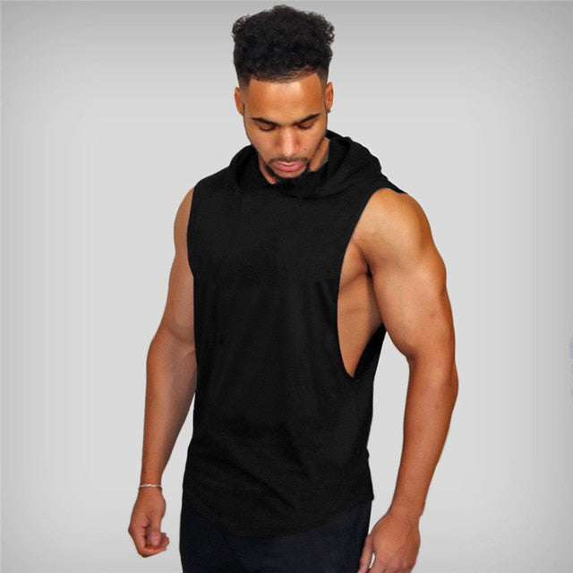 Mens Cotton Sleeveless Gym Hooded Fitness Tank Top