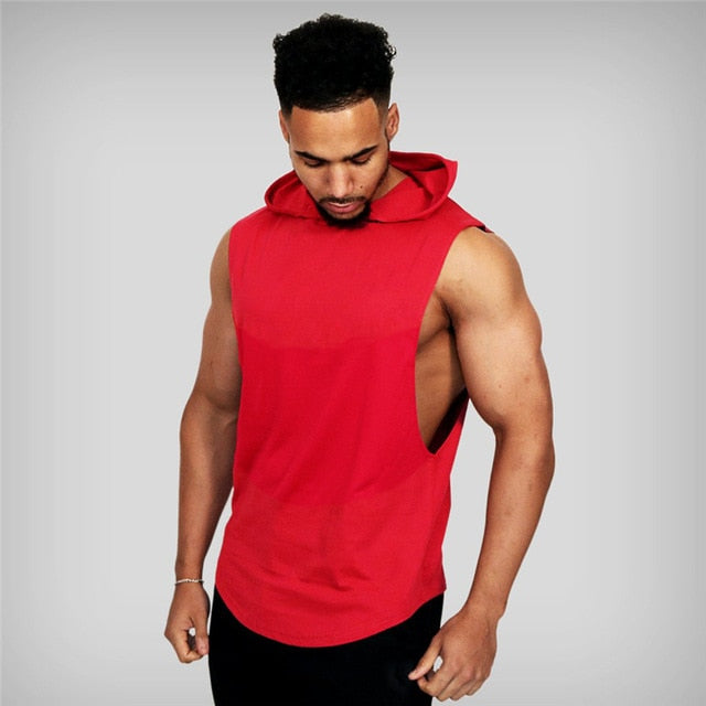 Mens Cotton Sleeveless Gym Hooded Fitness Tank Top