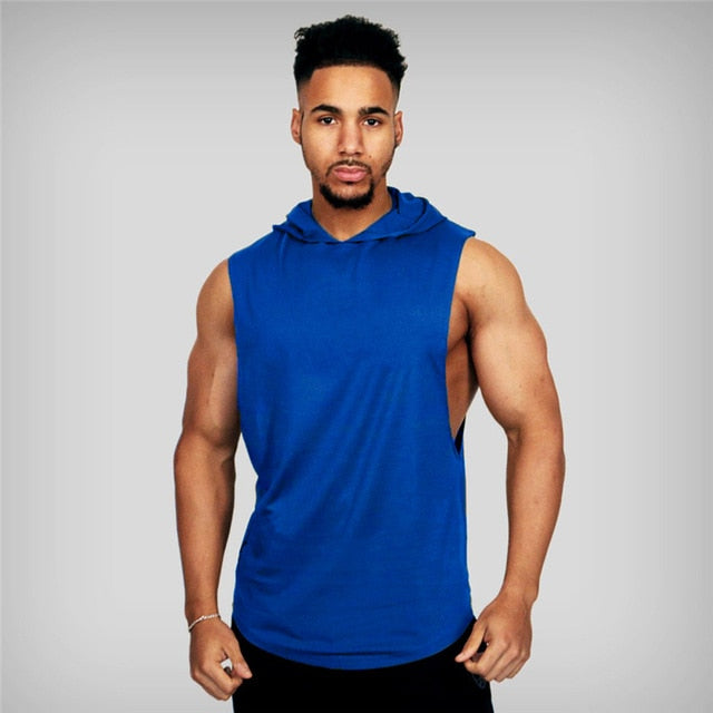 Mens Cotton Sleeveless Gym Hooded Fitness Tank Top