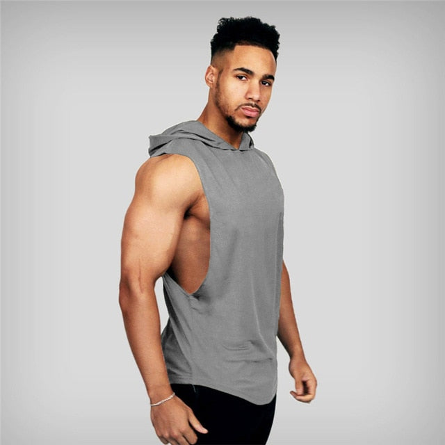 Mens Cotton Sleeveless Gym Hooded Fitness Tank Top