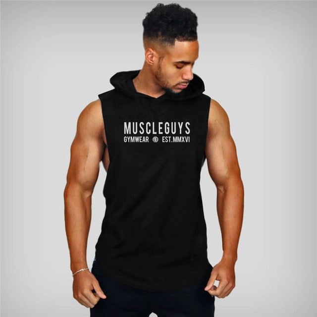 Mens Cotton Sleeveless Gym Hooded Fitness Tank Top