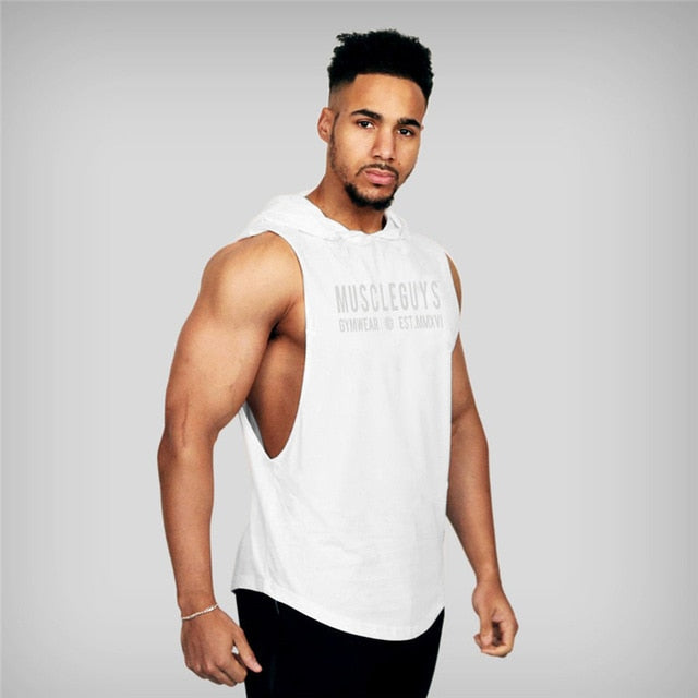 Mens Cotton Sleeveless Gym Hooded Fitness Tank Top