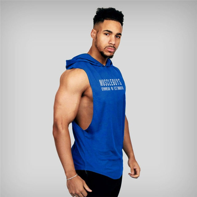 Mens Cotton Sleeveless Gym Hooded Fitness Tank Top