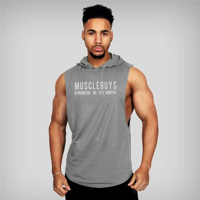 Mens Cotton Sleeveless Gym Hooded Fitness Tank Top