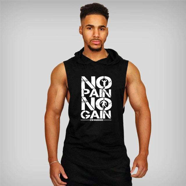 Mens Bodybuilding Hooded Cotton Sleeveless Fitness Workout Sportswear Tank Top