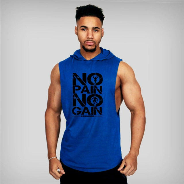 Mens Bodybuilding Hooded Cotton Sleeveless Fitness Workout Sportswear Tank Top