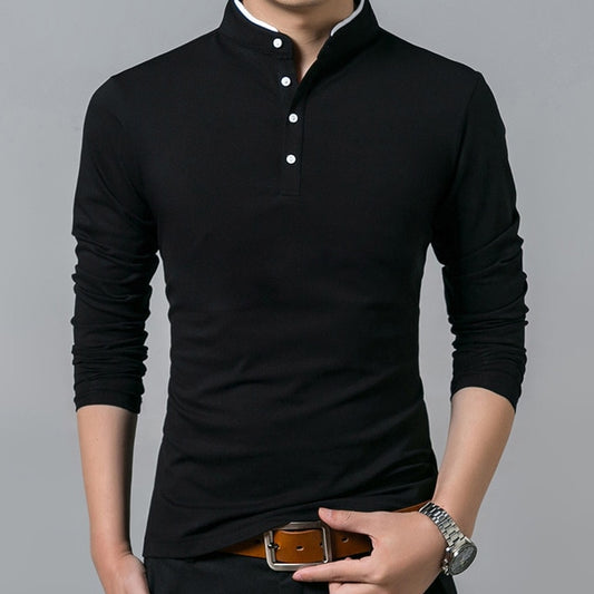 Mens Cotton Full Sleeve Solid Color Mandarin Collar T-Shirt