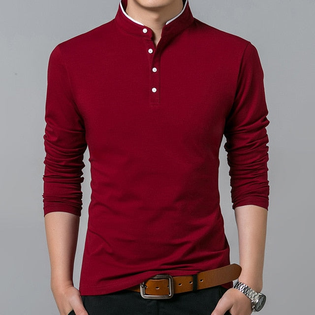 Mens Cotton Full Sleeve Solid Color Mandarin Collar T-Shirt