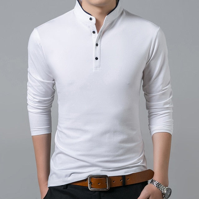 Mens Cotton Full Sleeve Solid Color Mandarin Collar T-Shirt