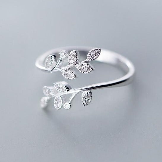 Sterling Silver Crystal Leaf Adjustable Ring